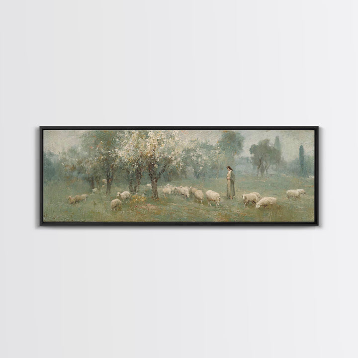 Shepherd’s Meadow Peace – Framed Canvas Print – Panoramic Art – Christian Art Canvas – Jesus Painting – Christian Wall Art – Christmas Art