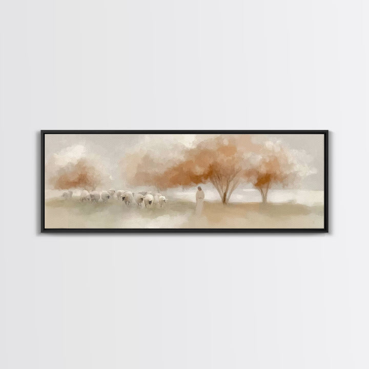 The Peaceful Shepherd, Framed Canvas Print, Christian Wall Art, Jesus Painting, Panoramic Art, Christian Art Canvas, Christmas Art