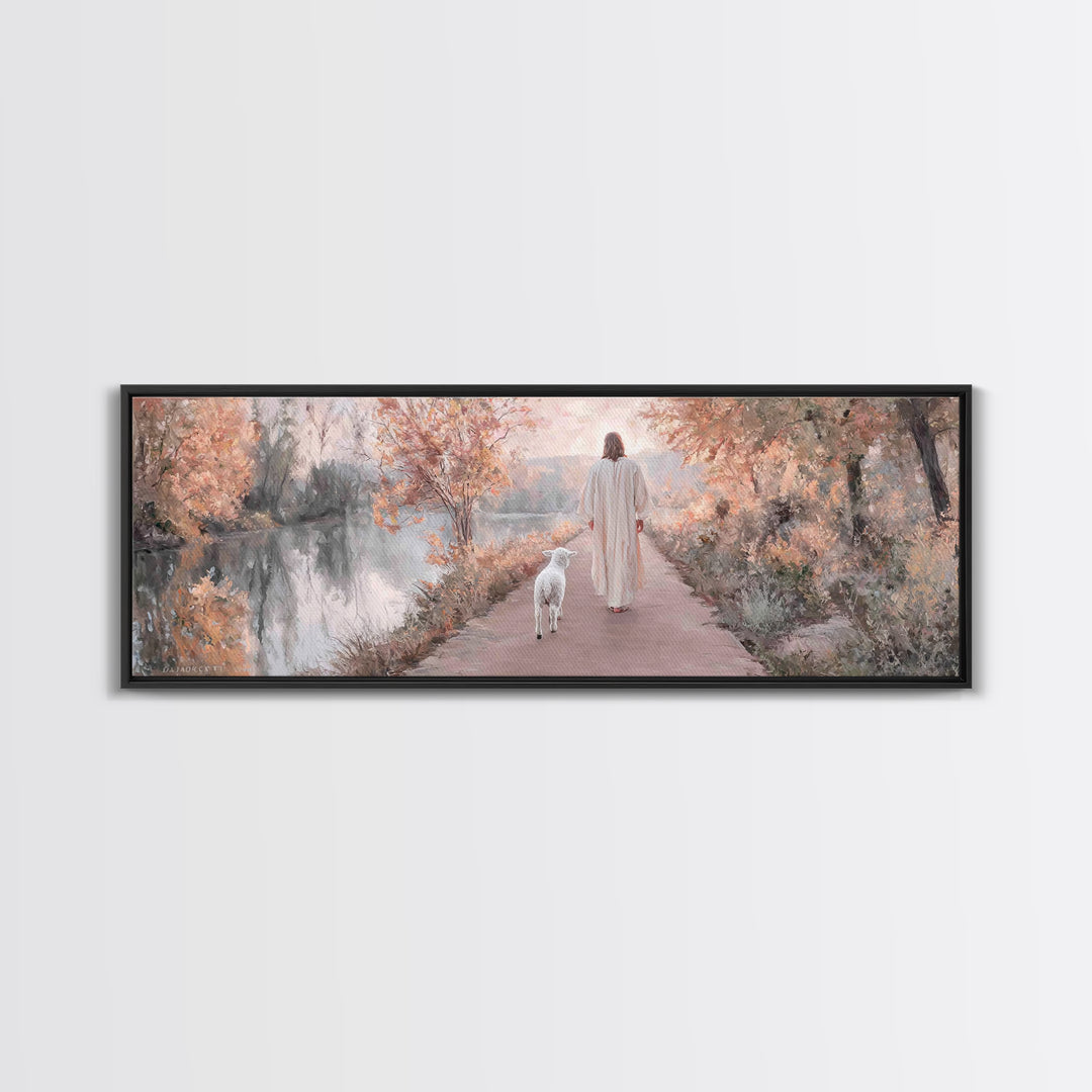 Autumn Path Mercy | Framed Canvas Print | Christian Art Print | Jesus Painting | Panoramic Painting | Christian Christmas Art | Christian D