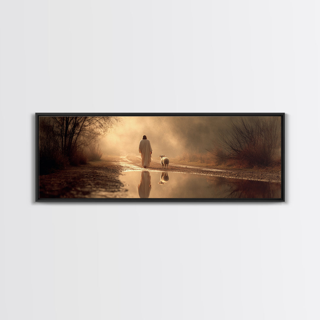 Golden Hour Shepherd, Framed Canvas Print, Christian Art Canvas, Panoramic Wall Art, Jesus Painting, Christian Christmas Art, Christian Gif