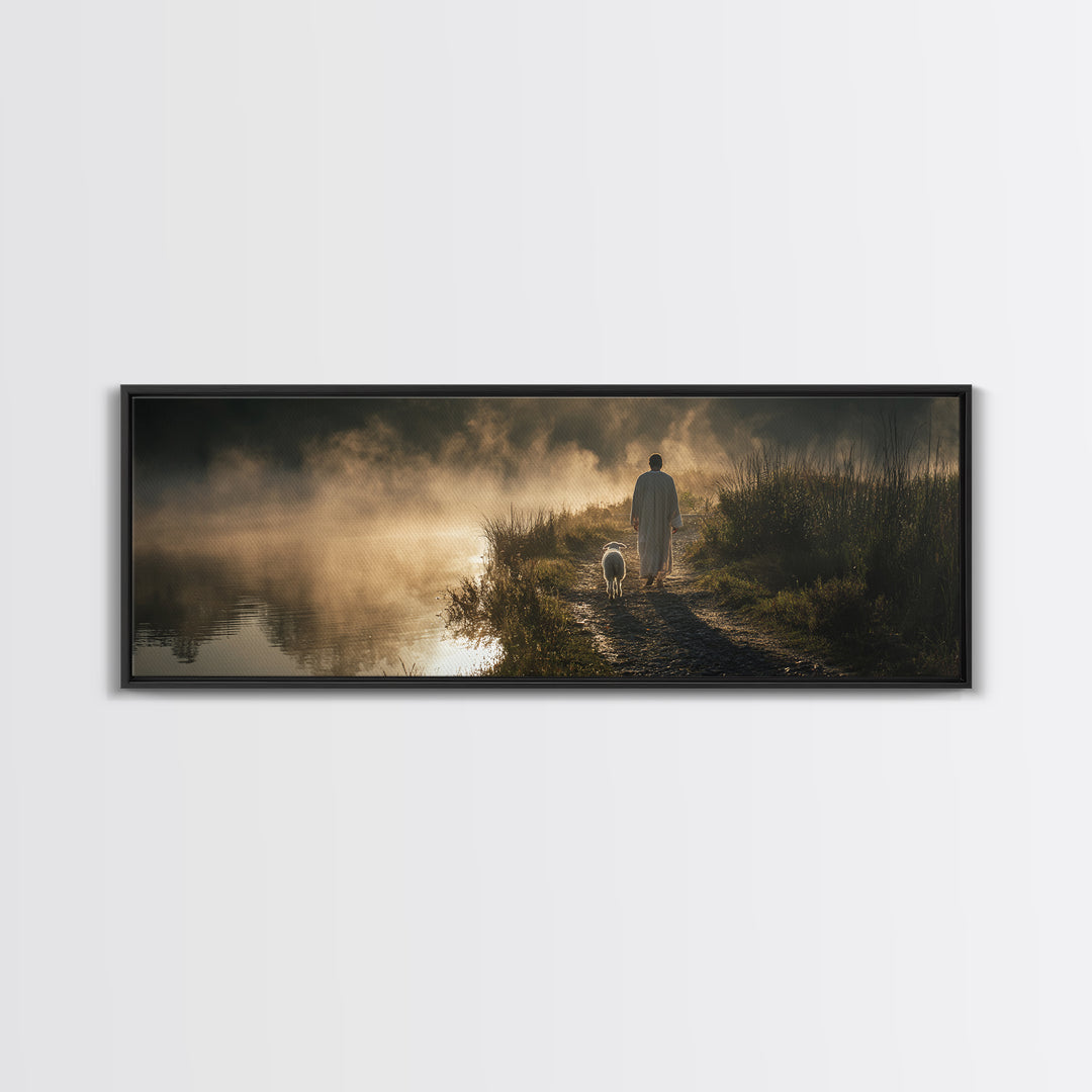 Morning Shore Peace | Framed Canvas Print | Christian Wall Art | Panoramic Print | Jesus Art Canvas | Christmas Art | Christian Art Gift