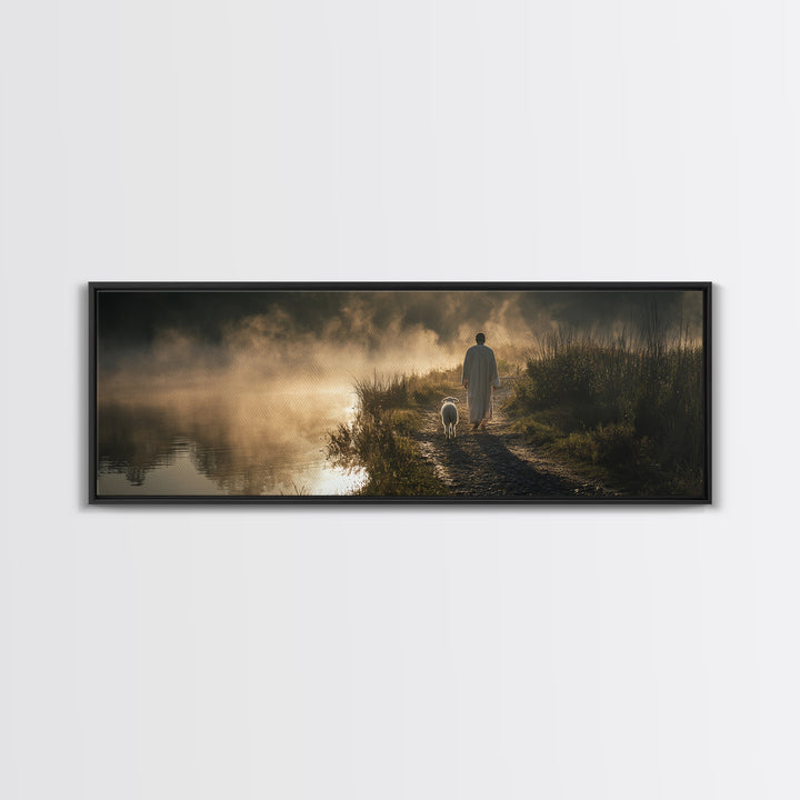 Morning Shore Peace | Framed Canvas Print | Christian Wall Art | Panoramic Print | Jesus Art Canvas | Christmas Art | Christian Art Gift