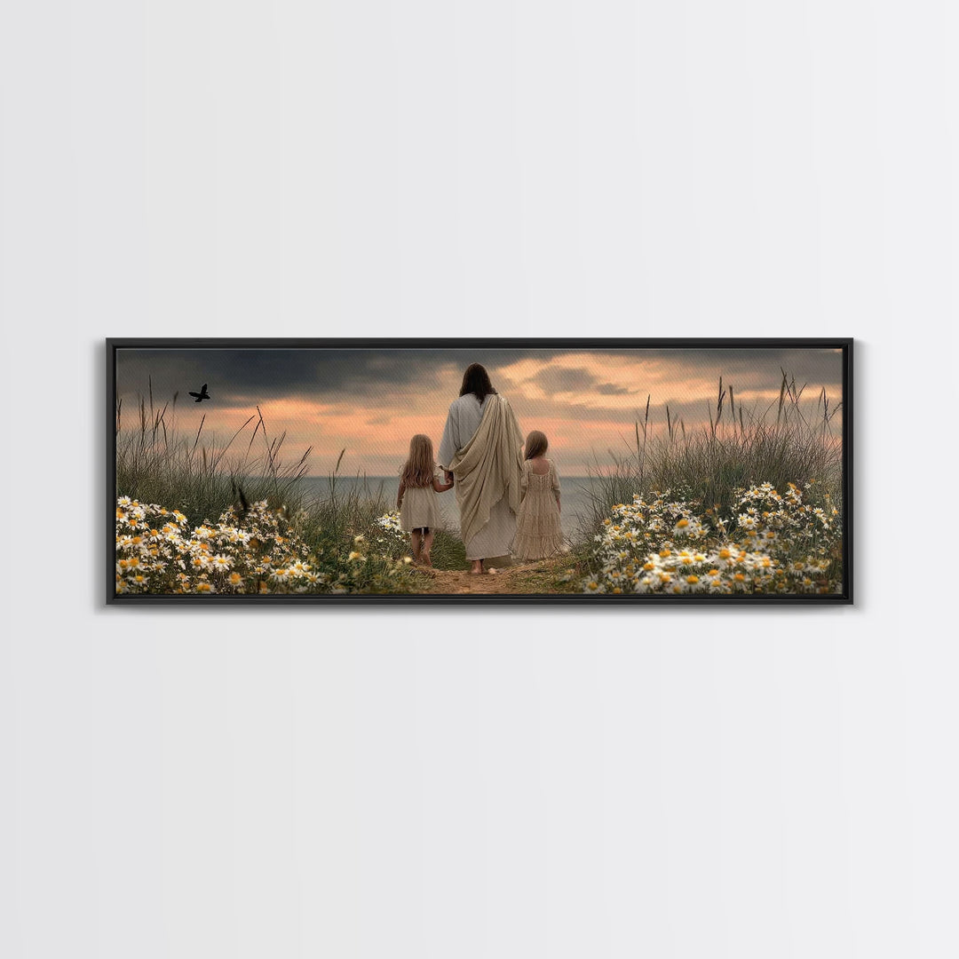 Daisies Of Peace | Framed Canvas Print | Panoramic Frame | Christian Art Canvas | Jesus Painting | Christian Wall Art | Christian Art Print