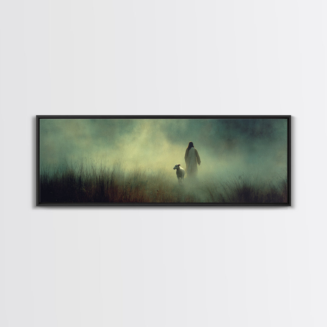 Misty Grace, Framed Canvas Print, Panoramic Painting, Christian Wall Art, Jesus Art Print, Christian Canvas Art, Subtle Christian Art