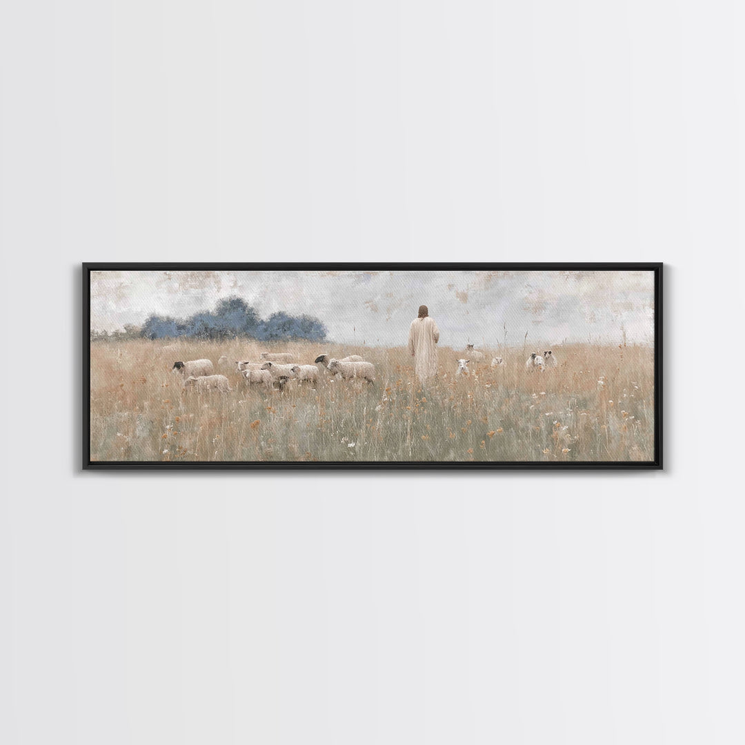 Shepherd’s Gathering, Framed Canvas Print, Panoramic Print, Christian Art Canvas, Jesus Painting, Christmas Art Prints, Large Christian Art