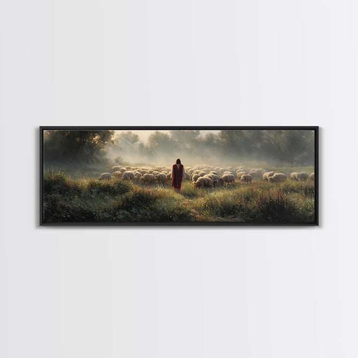 Morning Shepherd Light, Framed Canvas Print, Panoramic Wall Art, Christian Art Print, Large Jesus Painting, Christian Canvas Art, Subtle Ch