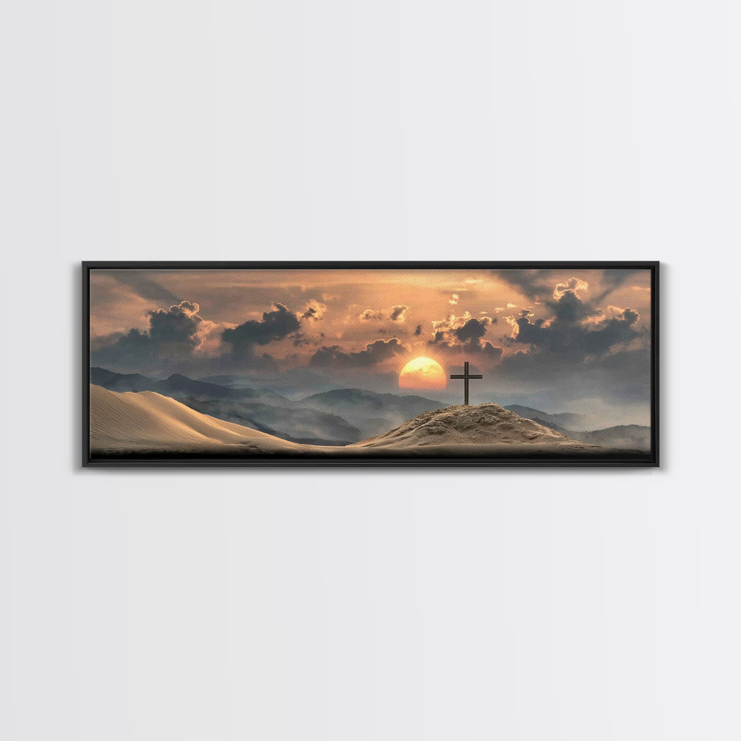 Desert Cross Dawn, Framed Canvas Print, Panoramic Wall Art, Christian Art Canvas, Christian Art Print, Modern Christian Art, Christian Deco