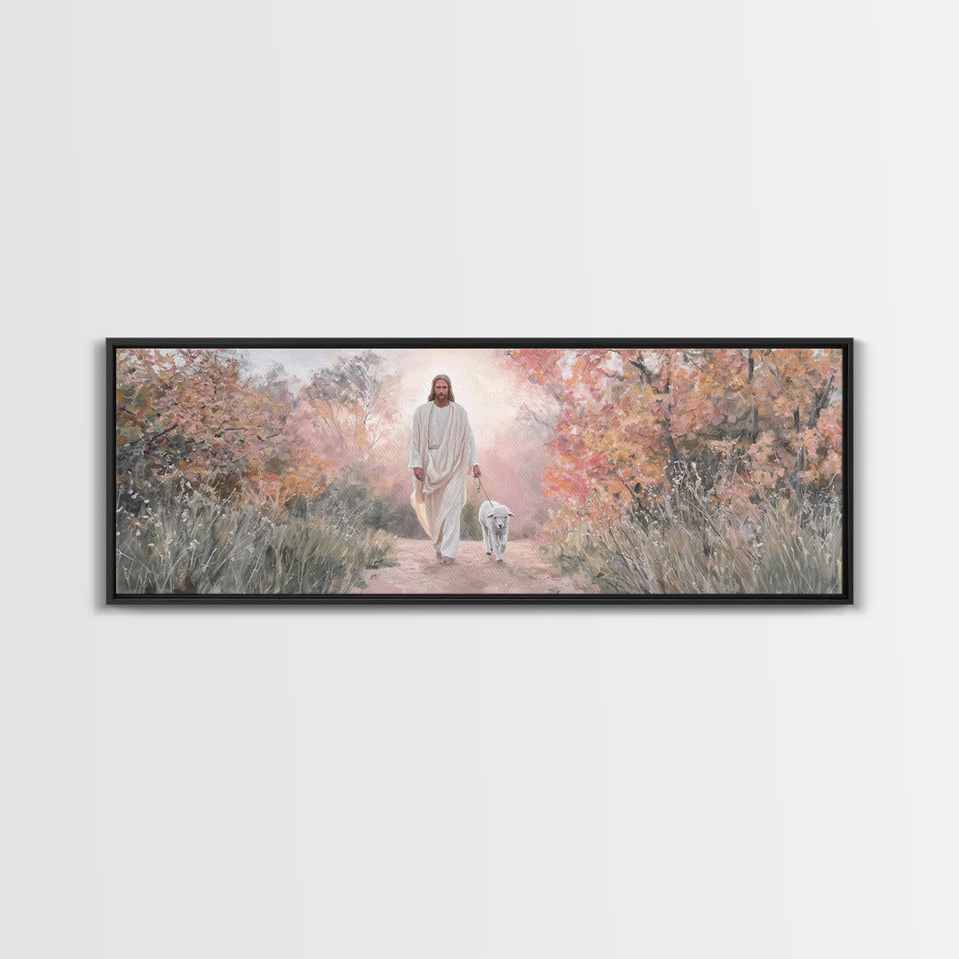 Autumn Shepherd Walk – Framed Canvas Print – Christian Art Canvas – Panoramic Wall Art – Jesus Painting – Christian Wall Art
