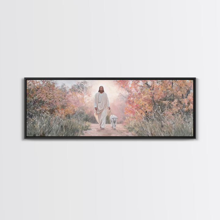 Autumn Shepherd Walk – Framed Canvas Print – Christian Art Canvas – Panoramic Wall Art – Jesus Painting – Christian Wall Art
