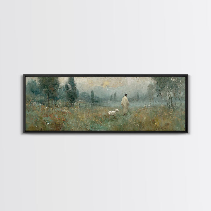 Misty Pasture Calm, Framed Canvas Print, Panoramic Art, Christian Wall Art, Jesus Painting, Christian Art Canvas