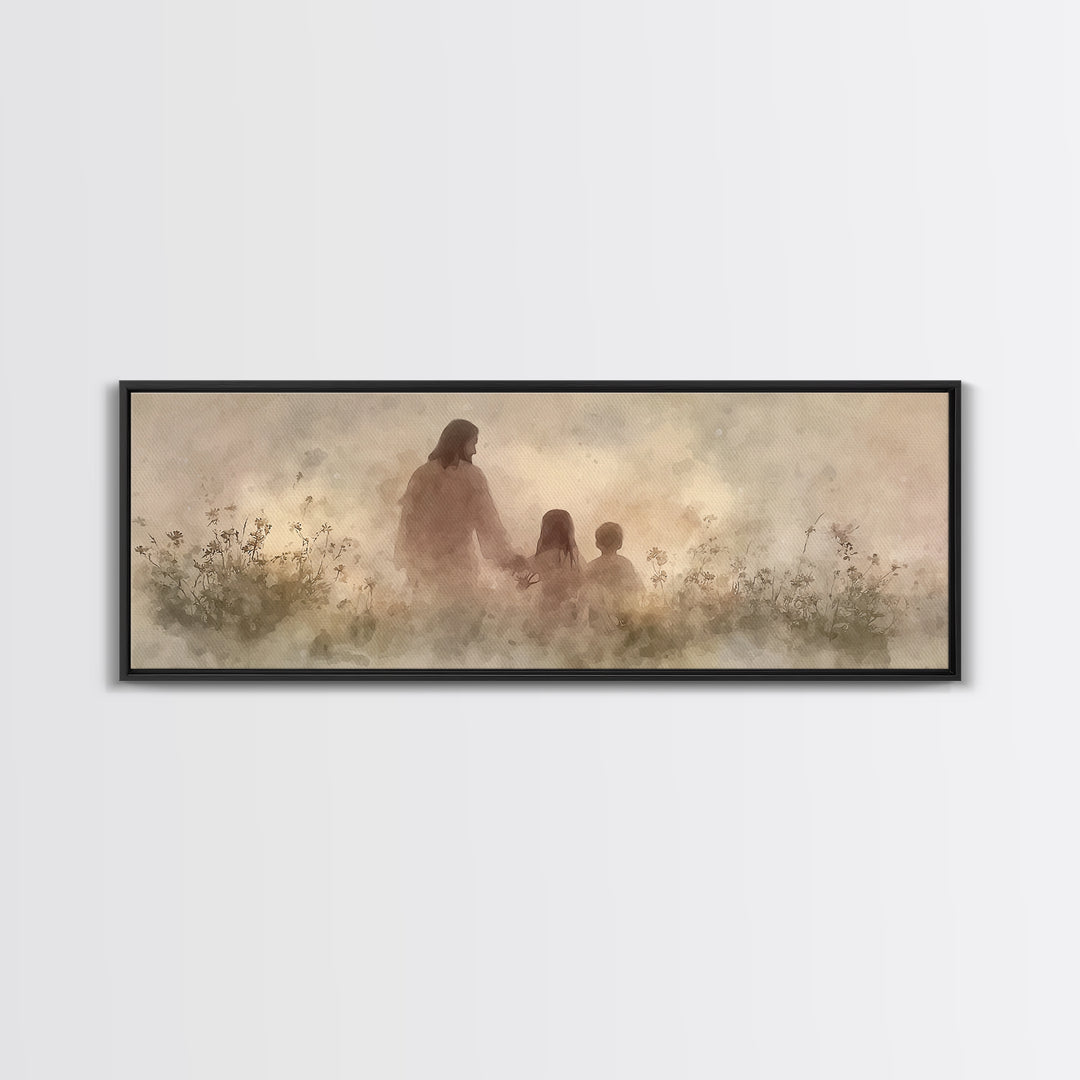 Heaven’s Meadow Walk | Framed Canvas Print | Christian Art Canvas | Panoramic Wall Art | Jesus Painting | Christian Wall Art