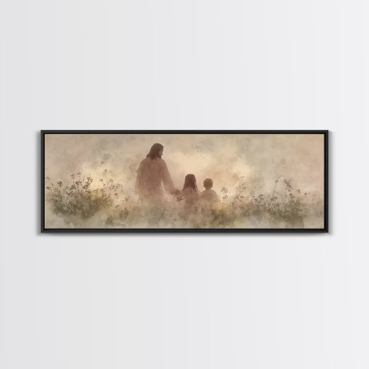 Heaven’s Meadow Walk | Framed Canvas Print | Christian Art Canvas | Panoramic Wall Art | Jesus Painting | Christian Wall Art