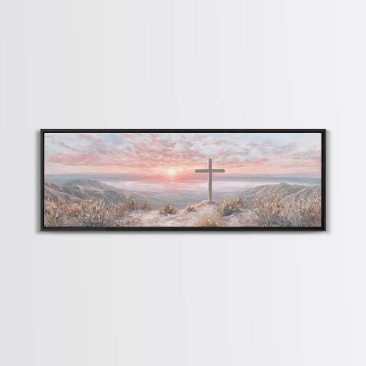 Sunrise At Calvary – Framed Canvas Print – Panoramic Painting – Christian Art Canvas – Christian Wall Art – Christian Gift Ideas – Modern C
