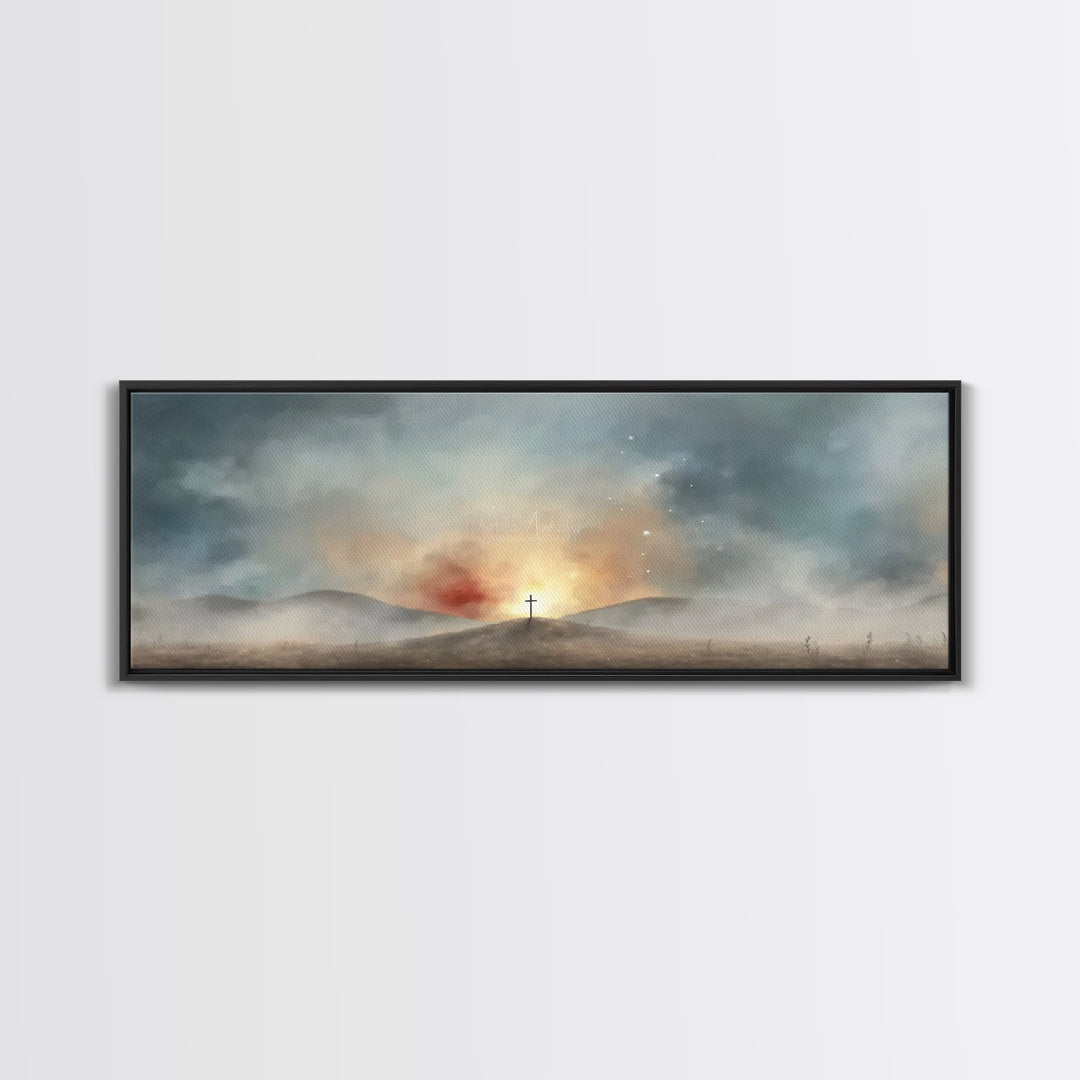 Risen Light Promise, Framed Canvas Print, Panoramic Art, Christian Wall Art, Christian Art Canvas, Blue Christian Art, Christian Art Work,