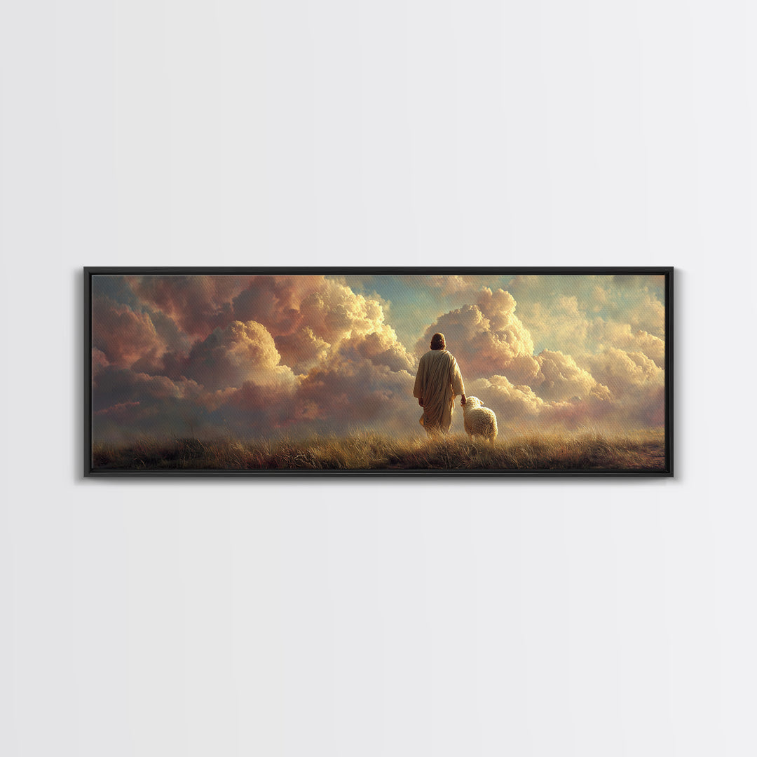 Eternal Shepherd Light – Framed Canvas Print – Panoramic Art – Christian Wall Art – Jesus Painting – Christian Art Canvas – Christian Chris