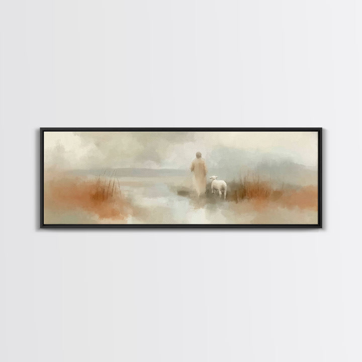 Quiet Waters Grace, Framed Canvas Print, Panoramic Frame, Christian Art Canvas, Jesus Painting, Christian Wall Art, Christian Christmas Art