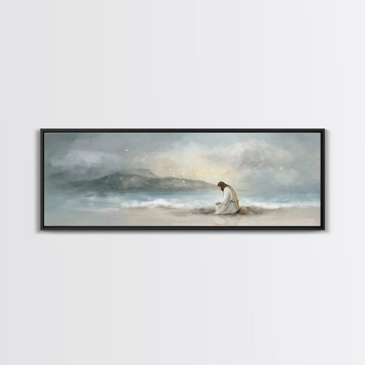 Shoreline Reverence - Framed Canvas Print - Christian Wall Art - Jesus Painting - Panoramic Art - Christian Art Canvas - Christmas Art
