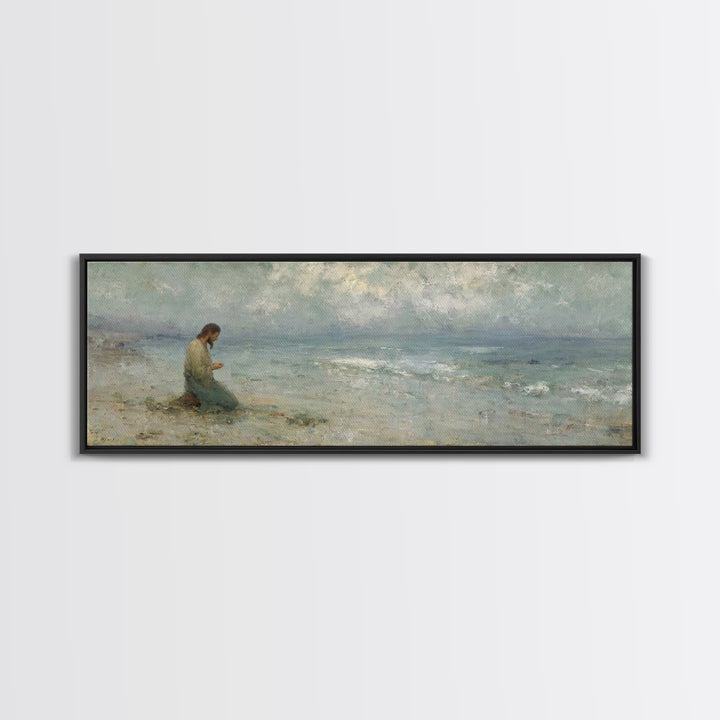 Gentle Shore Grace - Framed Canvas Print - Panoramic Frame - Christian Art Canvas - Jesus Painting - Christian Wall Art - Christmas Art