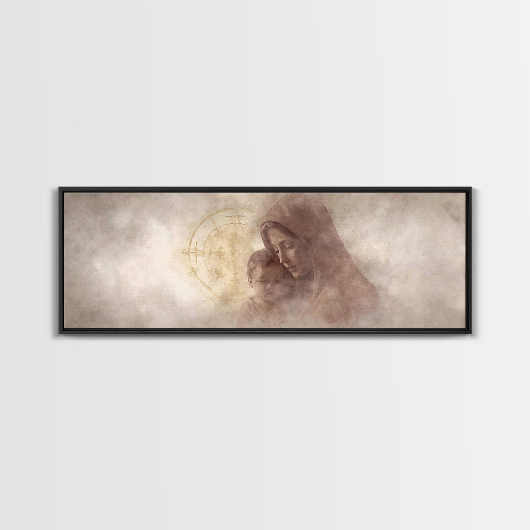 Motherly Devotion, Framed Canvas Print, Christian Wall Art, Panoramic Painting, Mary And Jesus Painting, Christian Art Canvas, Christmas Ar