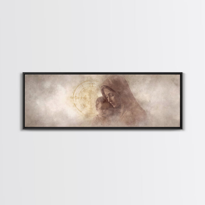 Motherly Devotion, Framed Canvas Print, Christian Wall Art, Panoramic Painting, Mary And Jesus Painting, Christian Art Canvas, Christmas Ar
