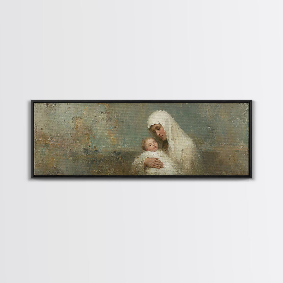 Silent Mercy Embrace - Framed Canvas Print - Panoramic Painting - Christian Wall Art - Mary And Jesus Painting - Christian Art Canvas - Chr