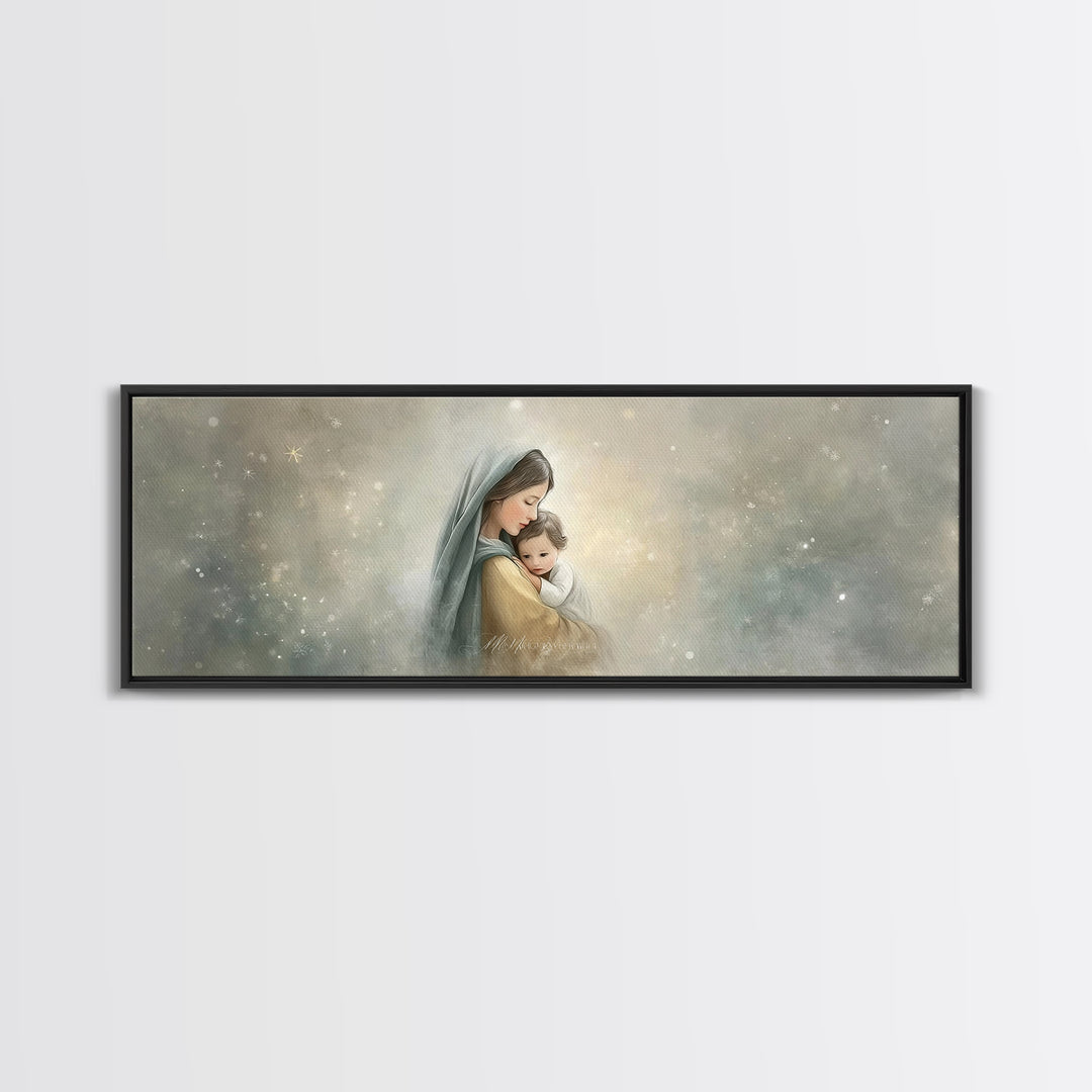 Starborn Grace Light, Framed Canvas Print, Panoramic Art, Christian Wall Art, Mary And Jesus Painting, Christian Art Canvas, Christmas Art
