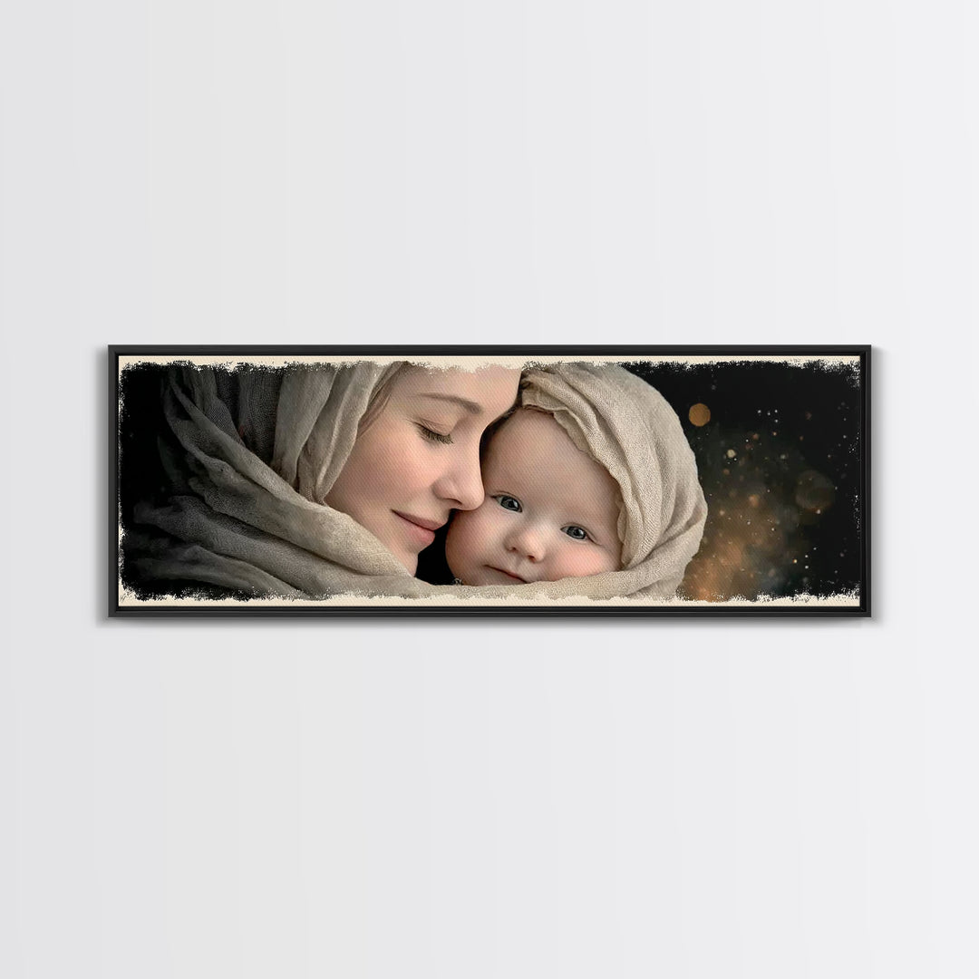 Timeless Sacred Gaze | Framed Canvas Print | Panoramic Painting | Mary And Jesus Painting | Christian Art Canvas | Christian Christmas Art