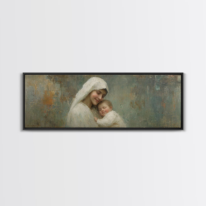Holy Tender Joy, Framed Canvas Print, Panoramic Wall Art, Christian Art Canvas, Mary And Jesus Painting, Christmas Art, Christian Wall Art