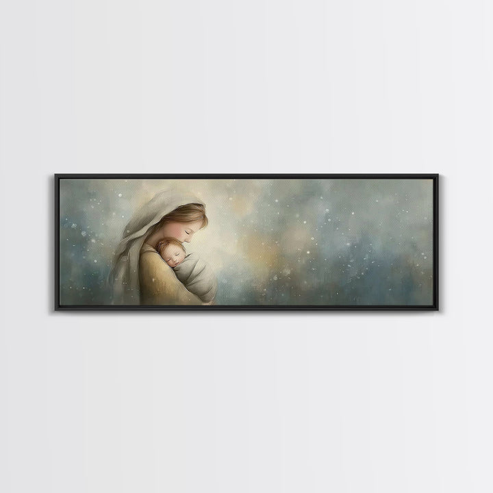 Blessed Winter Warmth, Framed Canvas Print, Panoramic Painting, Christian Art Canvas, Mary And Jesus Painting, Christian Wall Art, Christma