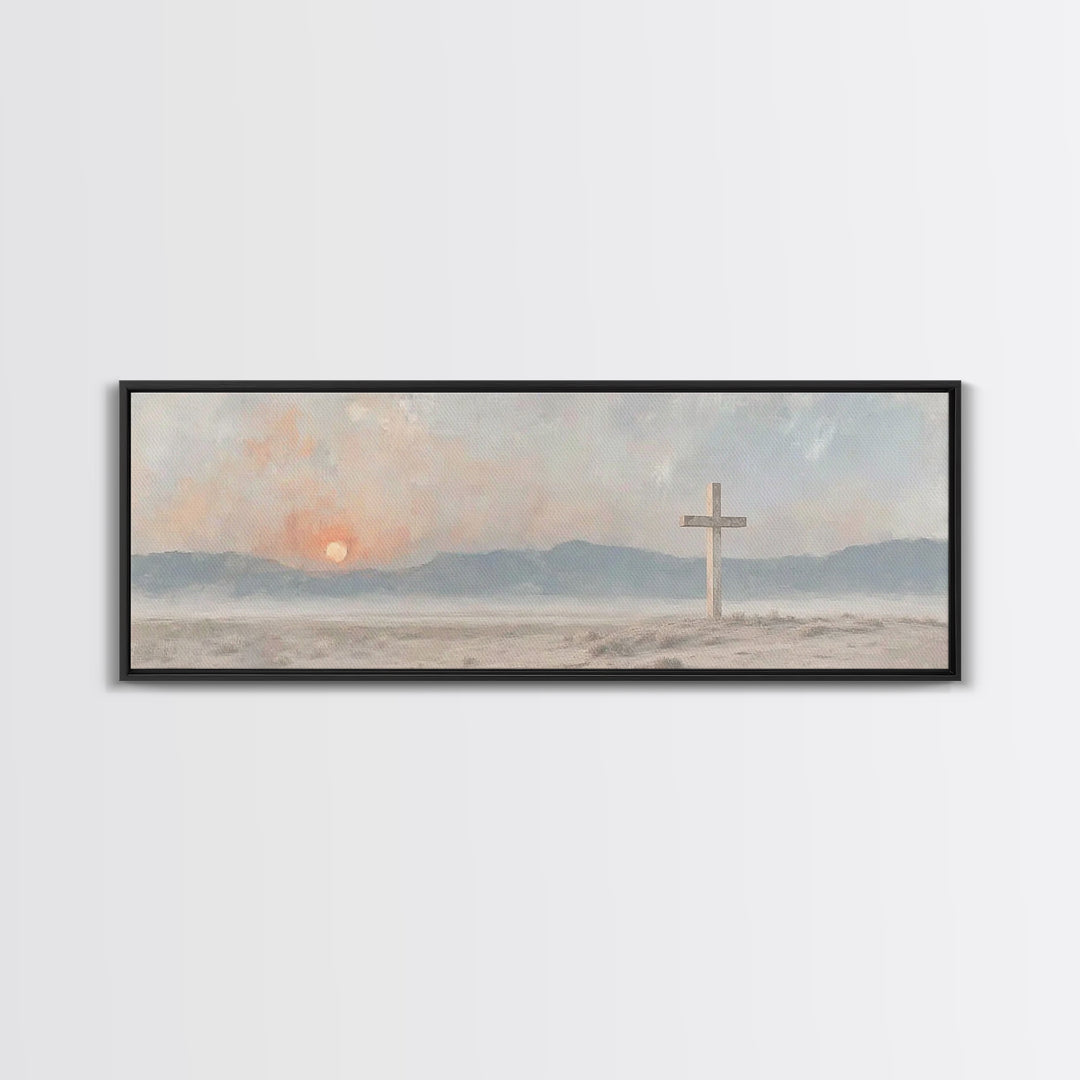 Quiet Cross Morning, Framed Canvas Print, Panoramic Painting, Christian Wall Art, Christian Art Canvas, Modern Christian Art, Christian Dec