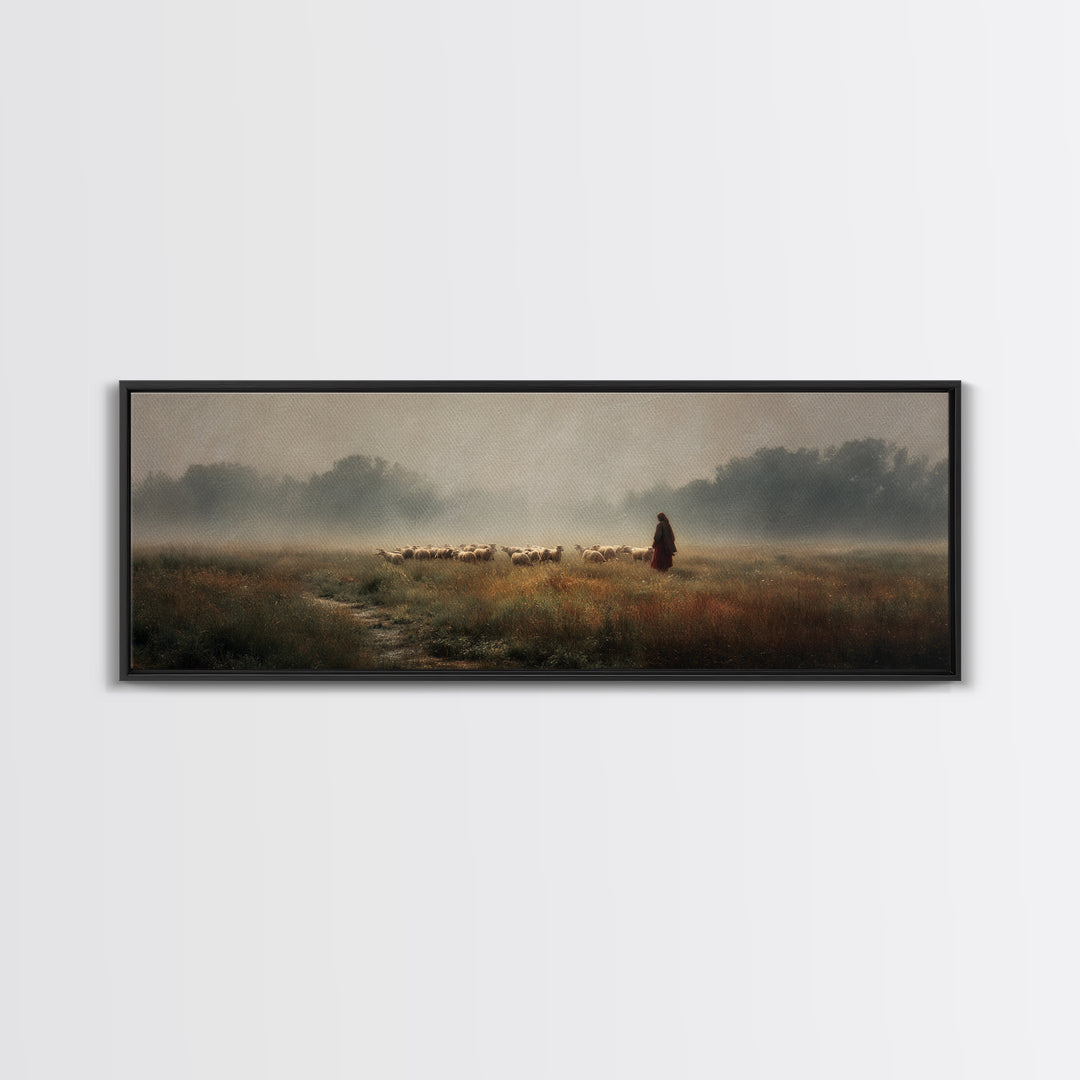 Misty Shepherd Field | Framed Canvas Print | Panoramic Painting | Christian Art Print | Christian Wall Art | Jesus Painting | Subtle Christ