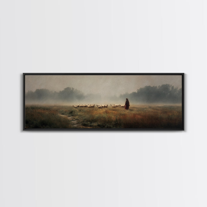 Misty Shepherd Field | Framed Canvas Print | Panoramic Painting | Christian Art Print | Christian Wall Art | Jesus Painting | Subtle Christ