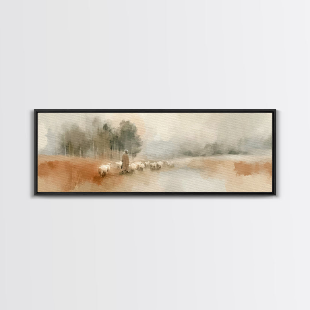 Gentle Pasture Walk, Framed Canvas Print, Panoramic Wall Art, Christian Art Canvas, Christian Art, Modern Christian Art, Jesus Painting, Ch