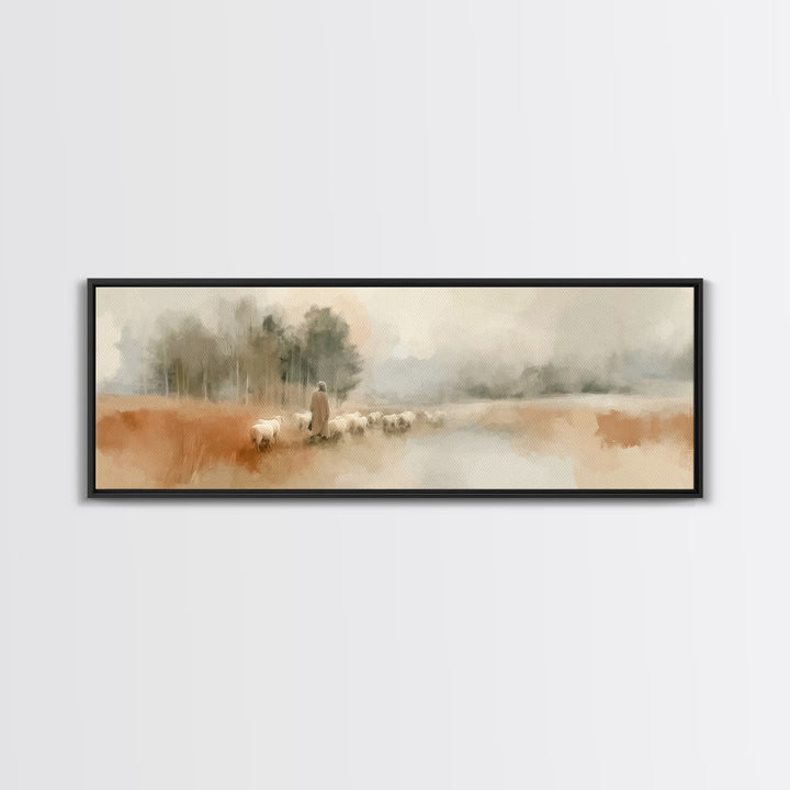 Gentle Pasture Walk, Framed Canvas Print, Panoramic Wall Art, Christian Art Canvas, Christian Art, Modern Christian Art, Jesus Painting, Ch
