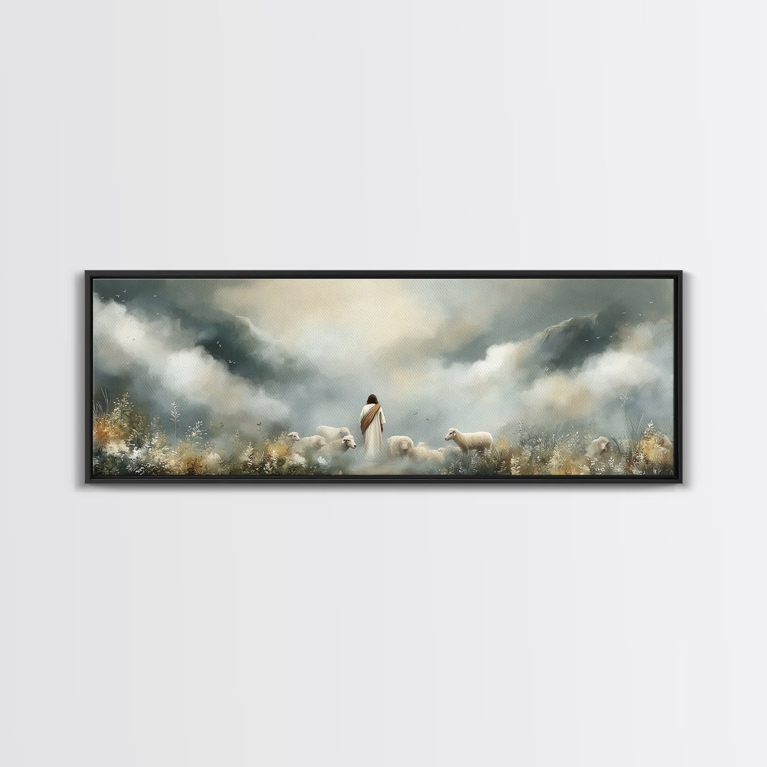 Hillside Shepherd Peace – Framed Canvas Print – Panoramic Frame – Christian Art – Christian Art Prints – Jesus Painting – Christian Wall Ar