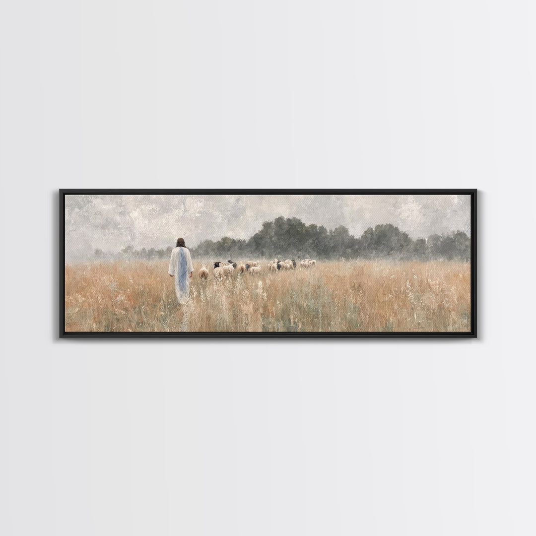Golden Field Shepherd | Framed Canvas Print | Panoramic Wall Art | Christian Art | Jesus Painting | Christian Art Canvas | Modern Christian