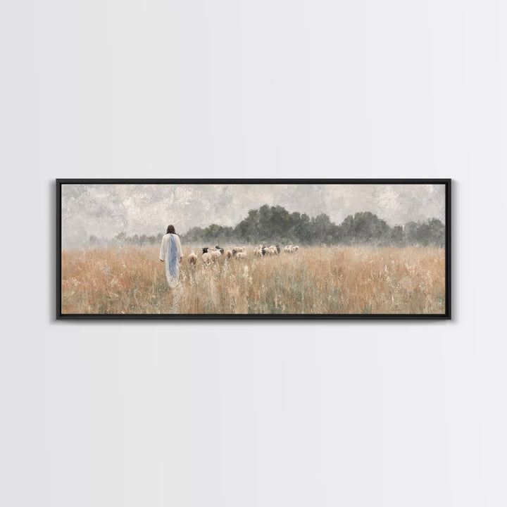 Golden Field Shepherd | Framed Canvas Print | Panoramic Wall Art | Christian Art | Jesus Painting | Christian Art Canvas | Modern Christian