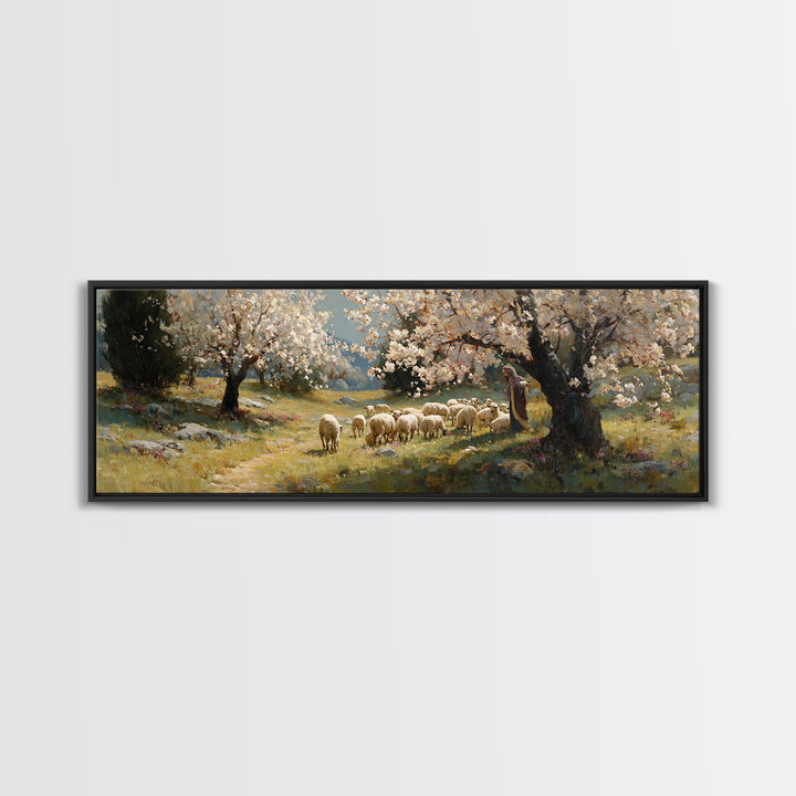Shepherds At Dawn | Framed Canvas Print | Christian Art Canvas | Jesus Wall Art | Panoramic Painting | Christian Christmas Art | Christian