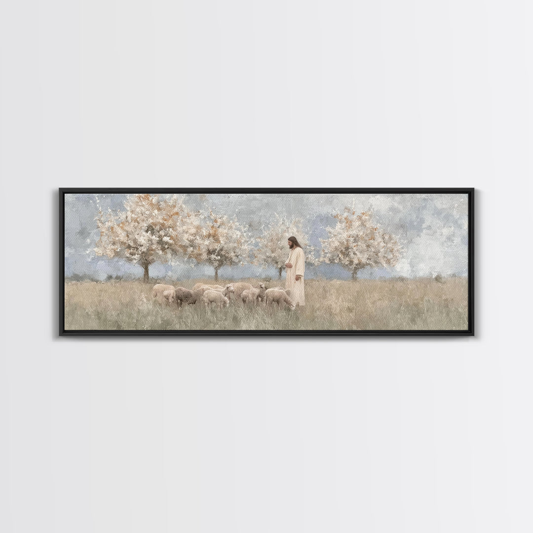 The Gentle Shepherd, Framed Canvas Print, Christian Art, Jesus Painting, Panoramic Wall Art, Christian Art Canvas, Christmas Art