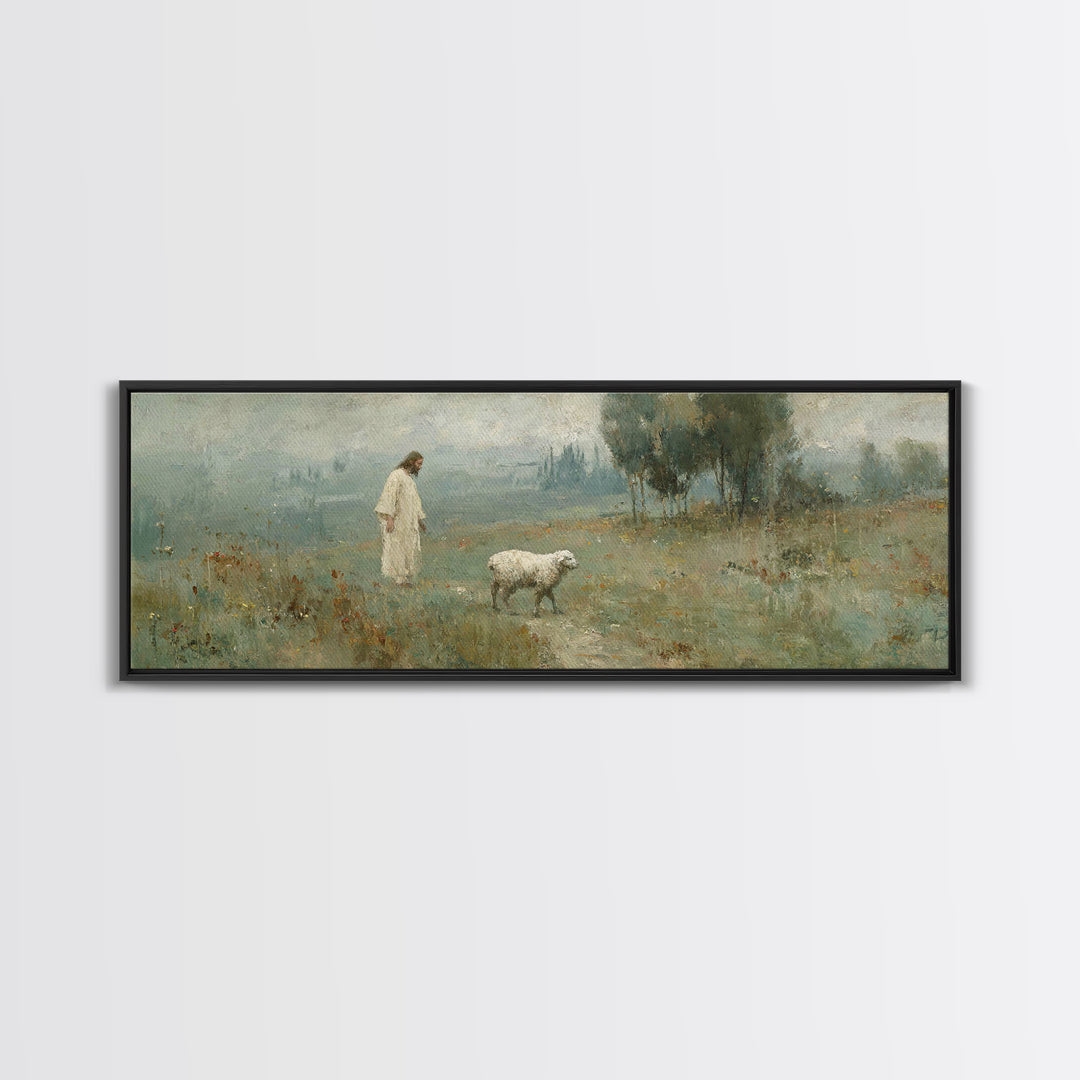 Verdant Grace Field, Framed Canvas Print, Panoramic Art, Christian Wall Art, Christian Art Canvas, Jesus Painting, Christmas Art