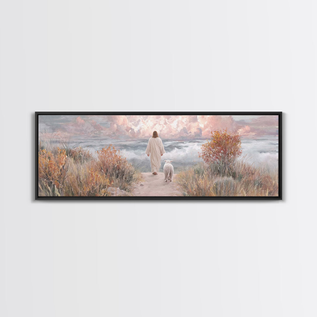 Golden Horizon Walk | Framed Canvas Print | Panoramic Frame | Christian Wall Art | Jesus Painting | Christian Art Canvas | Christmas Art