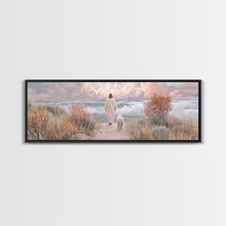 Golden Horizon Walk | Framed Canvas Print | Panoramic Frame | Christian Wall Art | Jesus Painting | Christian Art Canvas | Christmas Art