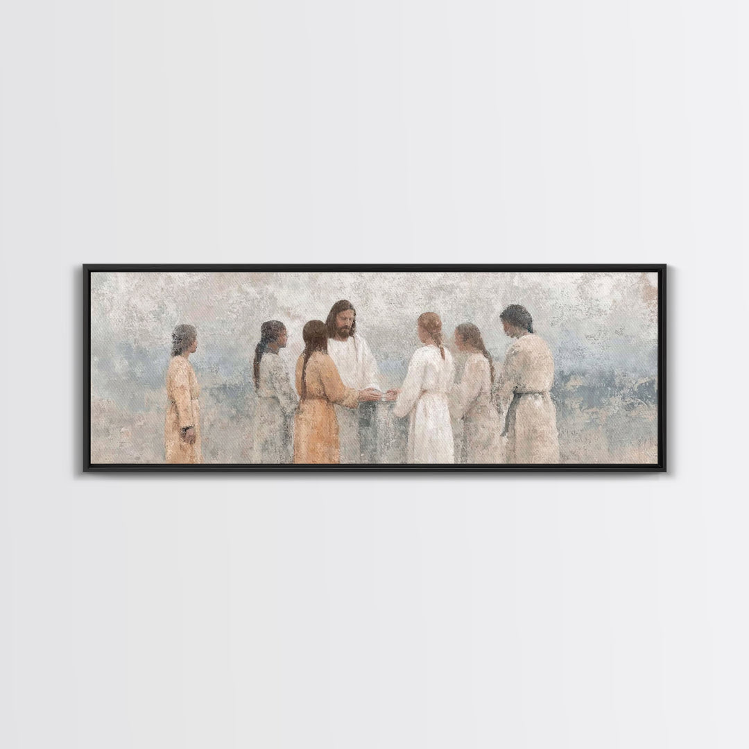 Temple Hearth Gathering, Framed Canvas Print, Christian Art, Christian Art Canvas, Jesus Painting, Panoramic Art, Christian Christmas Art