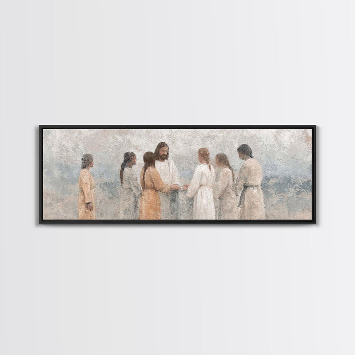 Temple Hearth Gathering, Framed Canvas Print, Christian Art, Christian Art Canvas, Jesus Painting, Panoramic Art, Christian Christmas Art