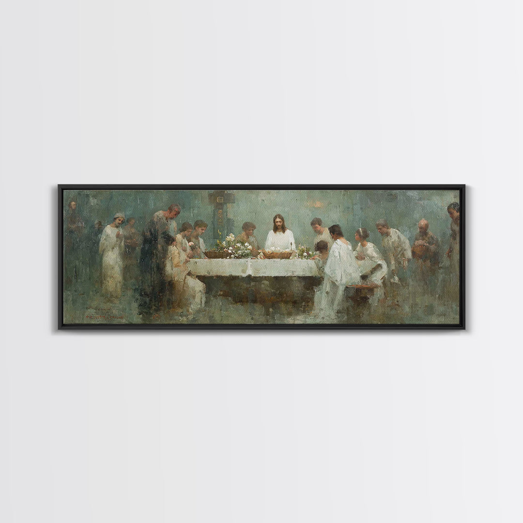 Sacred Table Gathering | Framed Canvas Print | Christian Wall Art | Panoramic Art | Christian Art Canvas | Jesus Painting | Christian Chris