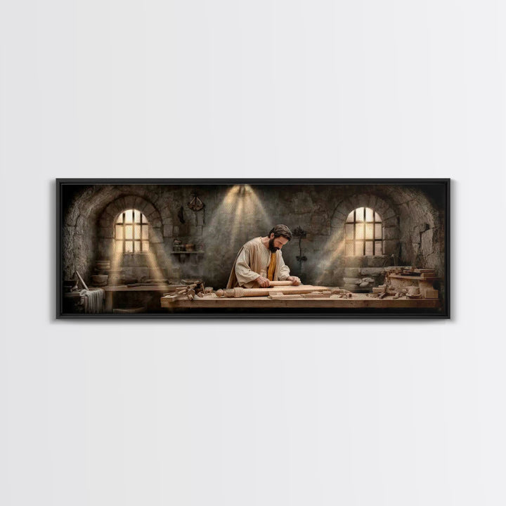 Carpenter Of Grace, Framed Canvas Print, Christian Art Canvas, Panoramic Painting, Christian Wall Art, Jesus Painting, Christian Christmas