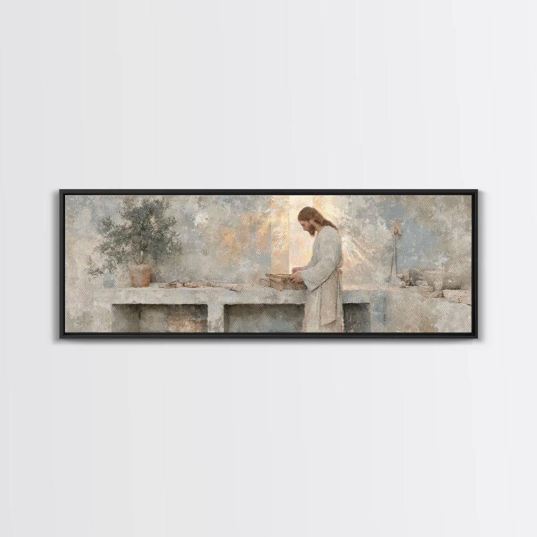 Light Of The Craftsman – Framed Canvas Print – Christian Art Canvas – Panoramic Art – Christian Wall Art – Jesus Painting – Christian Decor