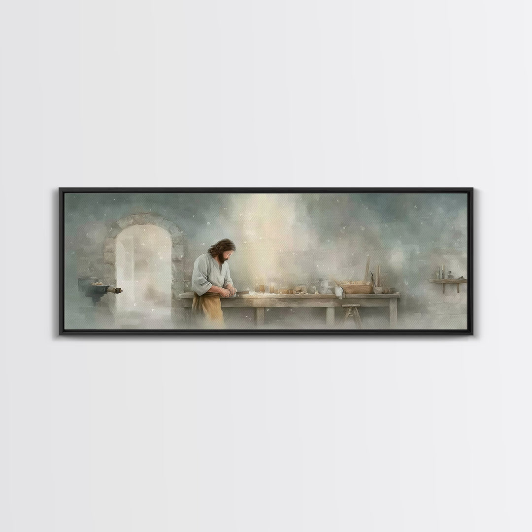Holy Workbench Glow | Framed Canvas Print | Christian Wall Art | Panoramic Painting | Christian Art Canvas | Jesus Painting | Christian Art