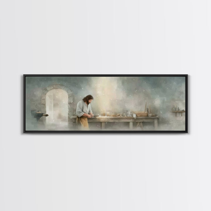 Holy Workbench Glow | Framed Canvas Print | Christian Wall Art | Panoramic Painting | Christian Art Canvas | Jesus Painting | Christian Art