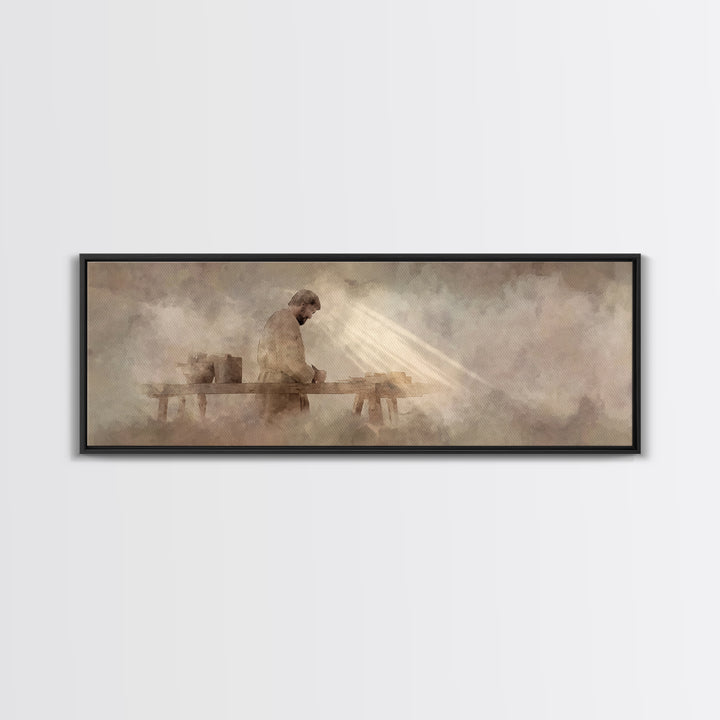 Radiant Carpenter Dawn, Framed Canvas Print, Christian Wall Art, Jesus Painting, Panoramic Wall Art, Christian Art Canvas, Christian Art